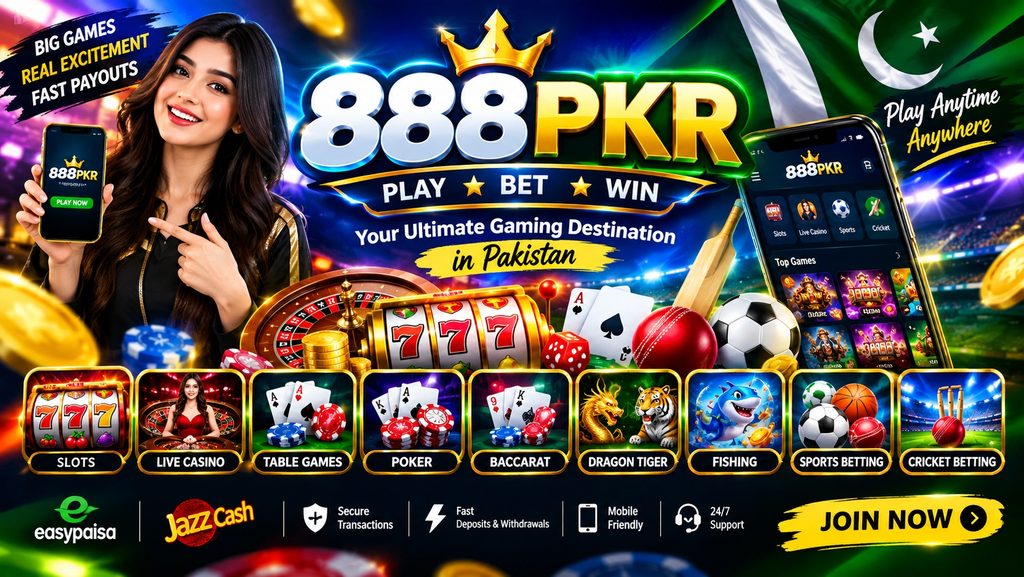 888PKR Game banner featuring casino, slot, and card game visuals