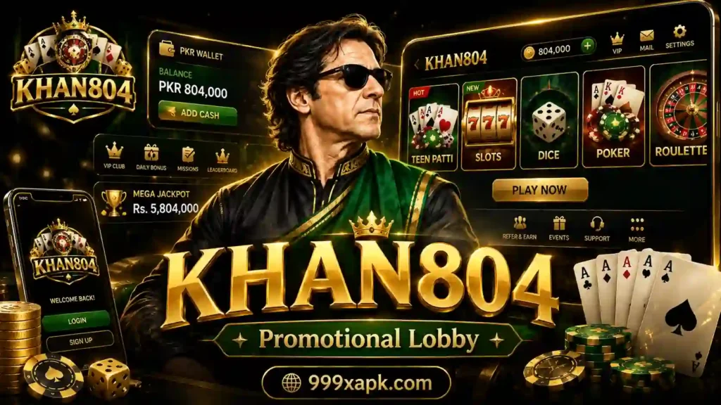 Khan804 APK promotional lobby with casino games and PKR wallet