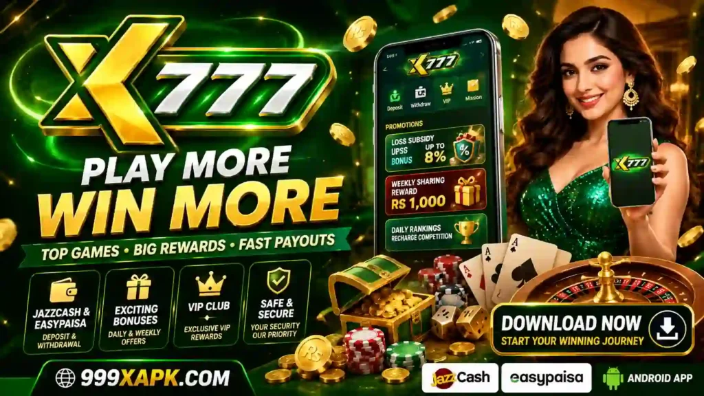 X777 Game APK Pakistan banner with JazzCash and Easypaisa
