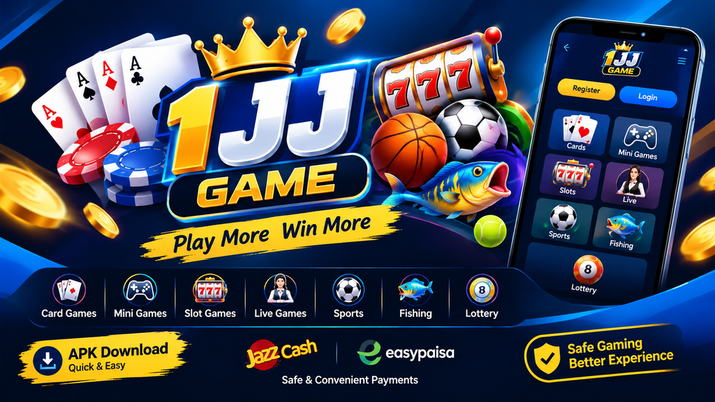 1JJ Game APK banner with casino, card, slot, sports and fishing games